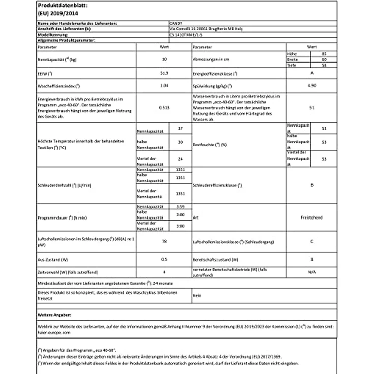 Candy CS 1410TXME1S, Frontlader-Waschmaschine, A, Fassungsvermögen 10 kg, Standgerät, Breite 65 cm, Edelstahltrommel, Restlaufzeitanzeige – Bild 12