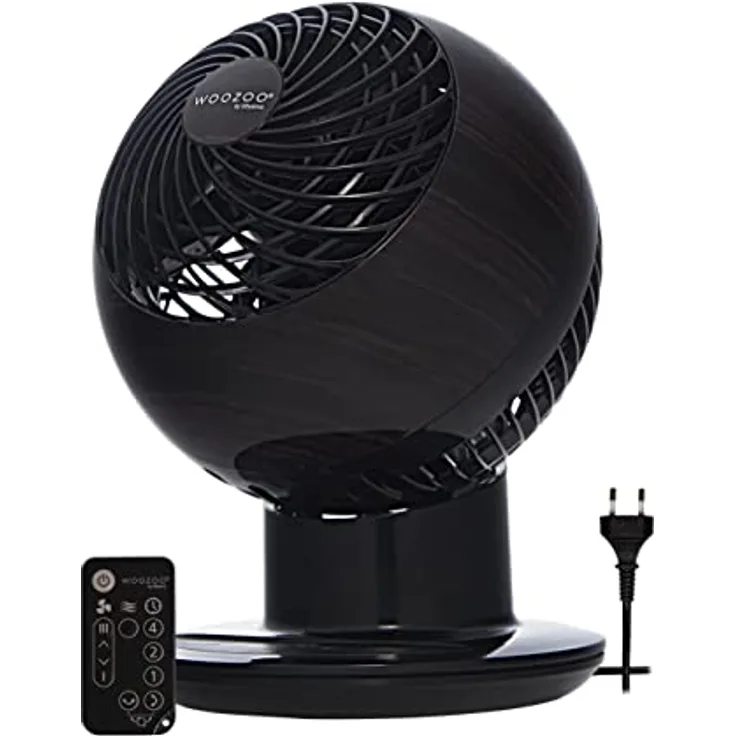 Woozoo, Ultra-starker, leiser & tragbarer Tischventilator, 30m², Reichweite 25m, Multidirektionale Oszillation, Fernbedienung, Timer, Wohnzimmer - Woozoo PCF-SC15T - Holzoptik/Schwarz