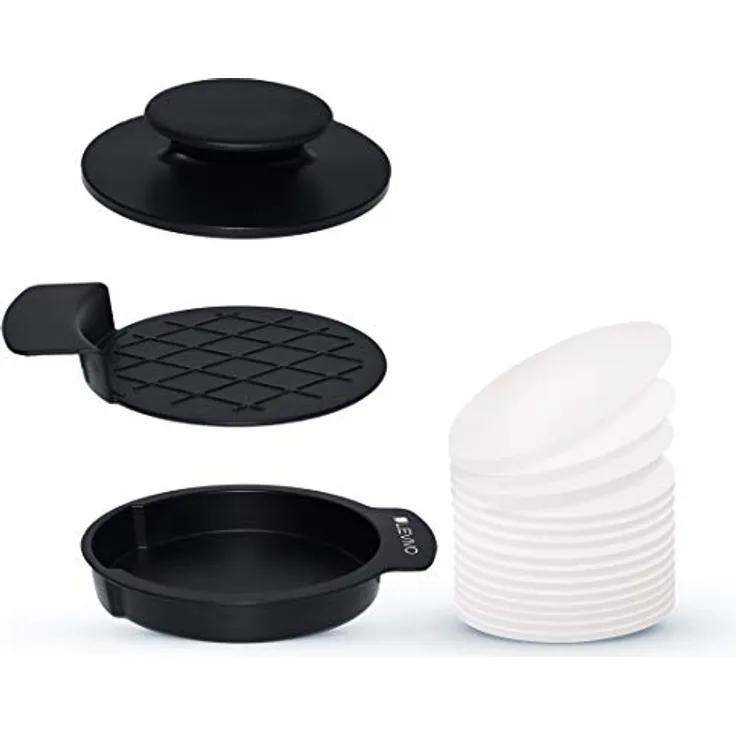 Levivo Burgerpresse, 3-teilig, best. aus Pressblech, Entnahmeblech, Hauptbehälter plus 50 Blatt Antihaftpapier, leckere Burger Patties selbst machen, einfache Reinigung, Schwarz