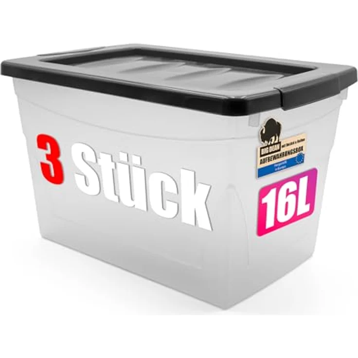 BigDean Aufbewahrungsbox Set 3x 16 L, Stapelbare Kunststoffbox mit transparentem Deckel für Ordnung im Haushalt – Bild 1