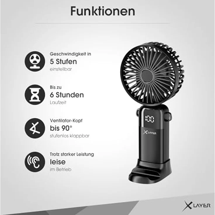 XLAYER klappbarer Handventilator mit Smartphone-Halterung, wiederaufladbar 1.200 mAh, 5 Geschwindigkeitsstufen, beige – Bild 3