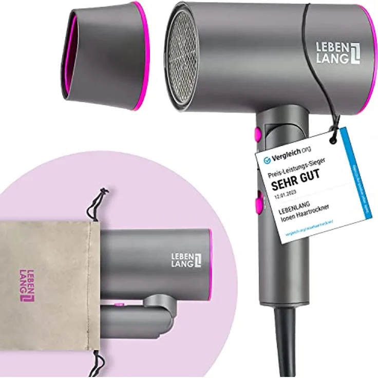 LEBENLANG Föhn Ionen 2100W - Anti-Spliss mit Kaltluft Modus | Reisefön klappbar | Haartrockner Hair Dryer Fön Klein Haarfön Haarföhn Reiseföhn Hairdryer Frisuren Zubehör Reisehaartrockner – Bild 1