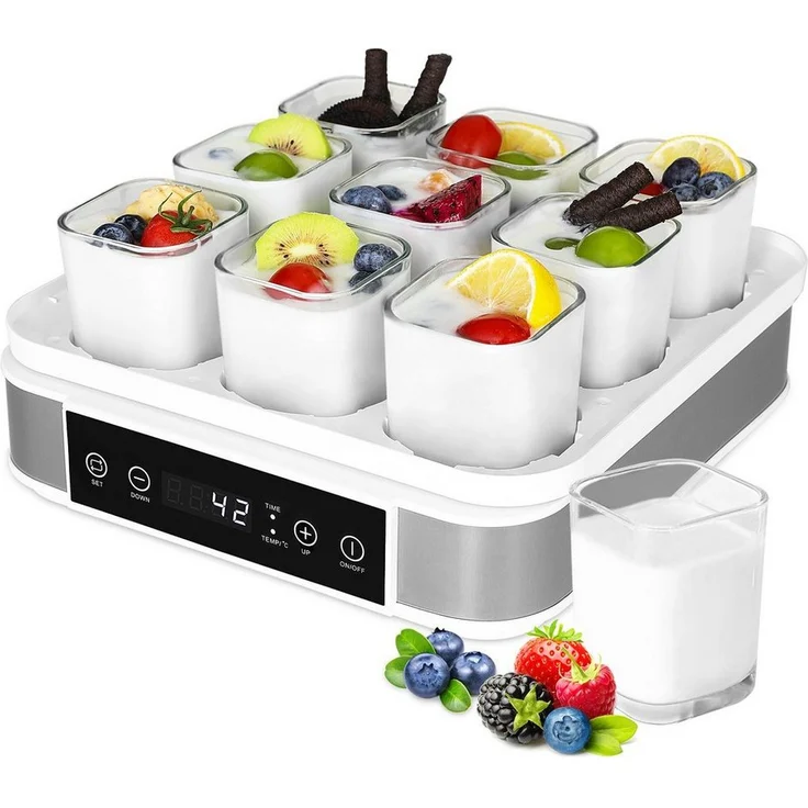 TLGREEN Digitale Joghurtmaschine, Joghurtbereiter mit 9 Glas-Portionsgläsern à 170 ml, Silber, 40 W, 6-8 h Herstellungszeit