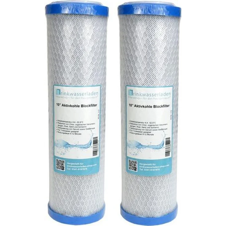 Trinkwasserladen 2x Aktivkohleblock 10" Ersatzfilter für Umkehrosmose, hohe Adsorptionskapazität, reduziert Chlor und organische Verunreinigungen