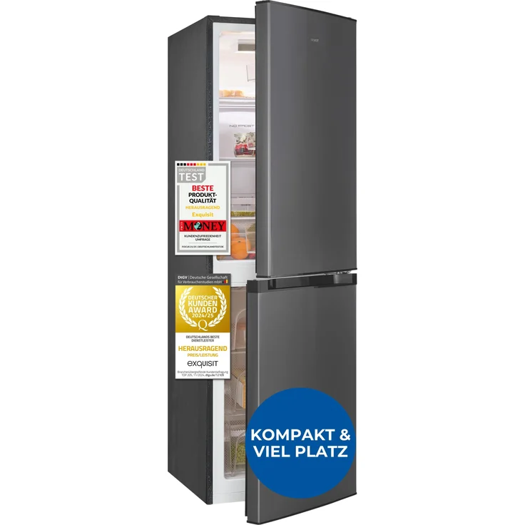 Exquisit Kühl-Gefrierkombination KGC5195-65-NF-330E, 193 Liter, No-Frost, 4-Sterne-Gefrieren, inoxlook