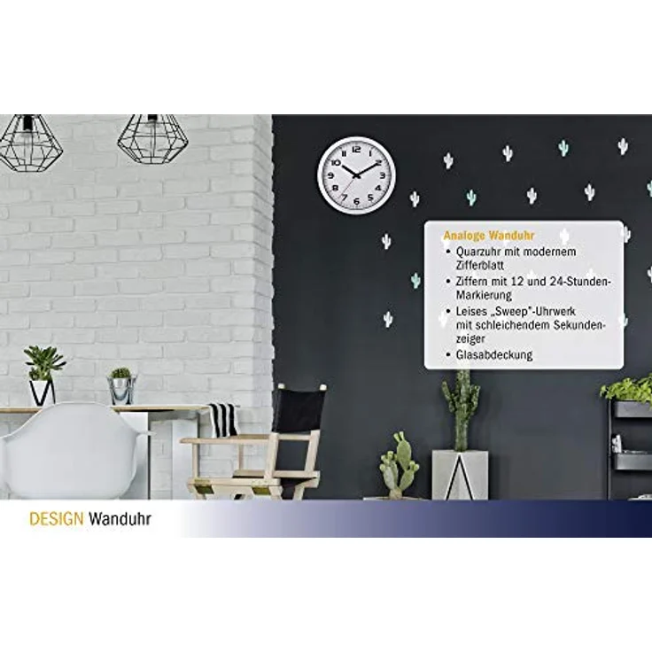 TFA Dostmann TFA 60.3050 analoge Wanduhr mit Sweep-Werk, 305 mm (Weiss) - Geräuscharmes Sweep Uhrwerk, kompaktes Design, hochwertig aus Kunststoff und Glas hergestellt – Bild 5