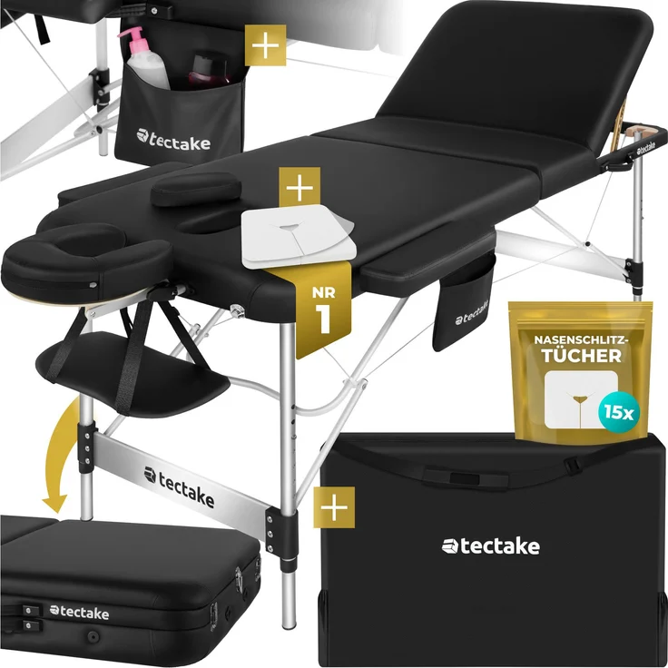 Tectake Massageliege 3 Zonen Massageliege (Set, 1-St., mit Tragetasche), Breite 70 cm, Polsterung 5 cm, Aluminiumgestell, höhenverstellbar, inklusive 15 Einweg-Nasenchlitztücher, grau – Bild 1