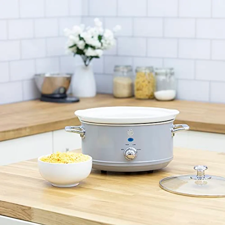 Swan Retro SF17021GRNEU Slow Cooker 3,5L Abnehmbarer Kochbehälter, PFOA- und PTFE-freier Keramischer Antihaft-Behälter, 3 Temperaturstufen, Glasdeckel, Vintage-Design, Grau, 200W – Bild 4