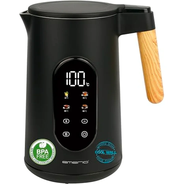 EMERIO WK-132230 Wasserkocher Edelstahl 1.7L, isolierte Doppelwand, Temperaturwahl 40-100°C in 5°C Schritten, Farbdisplay mit Teesortenprogrammen, BPA frei, 2200 W, Warmhaltefunktion, Schwarz Matt – Bild 1