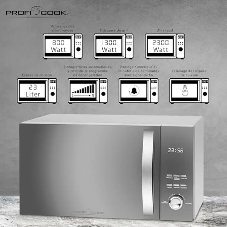 Profi Cook PC-MWG 1176 H, 3 in 1 Mikrowelle mit Heißluft und Grill, Standgerät 23 Liter Garraum, 800 Watt , 9 Automatikprogramme, silber – Bild 3
