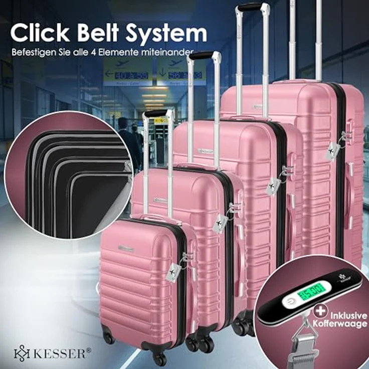 KESSER® 4tlg. Hartschalenkofferset Hard Shell Basic Hartschalenkoffer Trolley Koffer Reisekoffer Reisekofferset Gepäck Rollkoffer Schloss 4 Rollen ABS-Hartschale Teleskopgriff S-M-L-XL Rosa – Bild 3