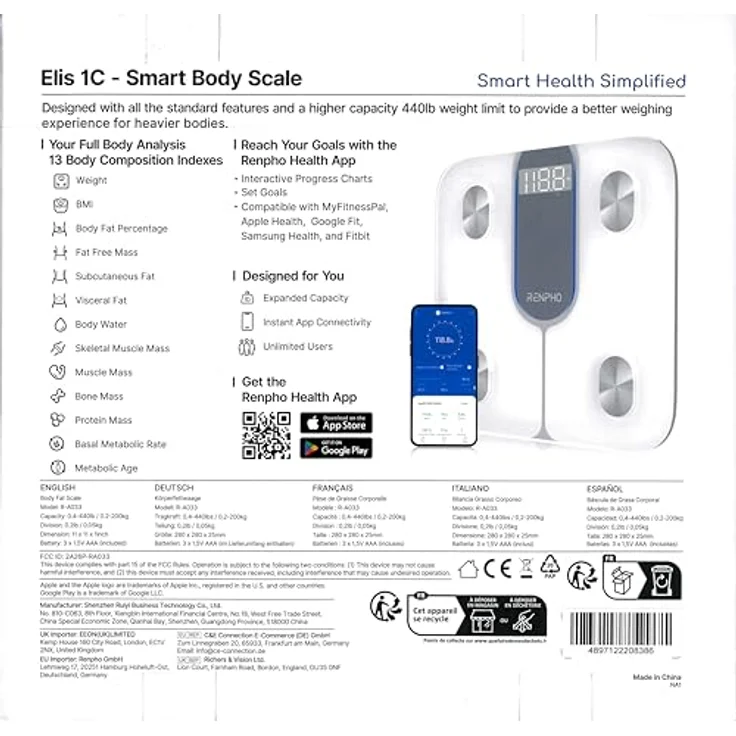 RENPHO Körper-Analyse-Waage Elis 1C Smart Body Scale A033, Smarte Körperanalysewaage mit 13 essentiellen Körpermessungen – Bild 3