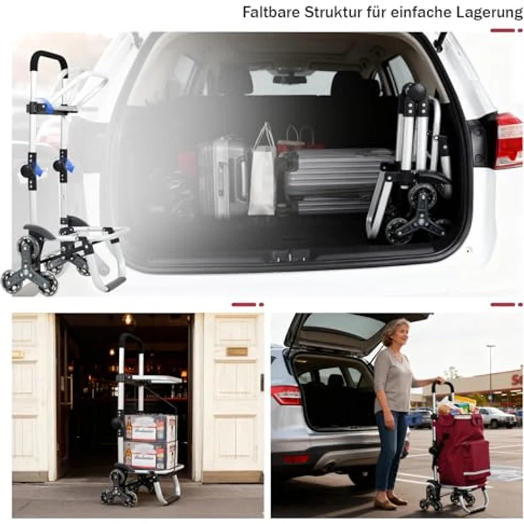 Sekey Klappbarer Einkaufstrolley 3-in-1 mit Kühlfach, 42 l, roter Treppensteiger Trolley inkl. Spanngurt und Einkaufschip – Bild 2