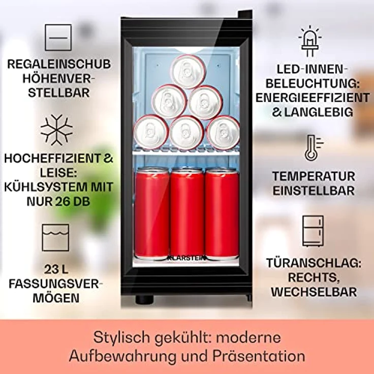 Klarstein Mini Kühlschrank 23 Liter mit Glastür, leise, verstellbare Ablagen, ideal für Getränke, Snacks & Kosmetik – Bild 2