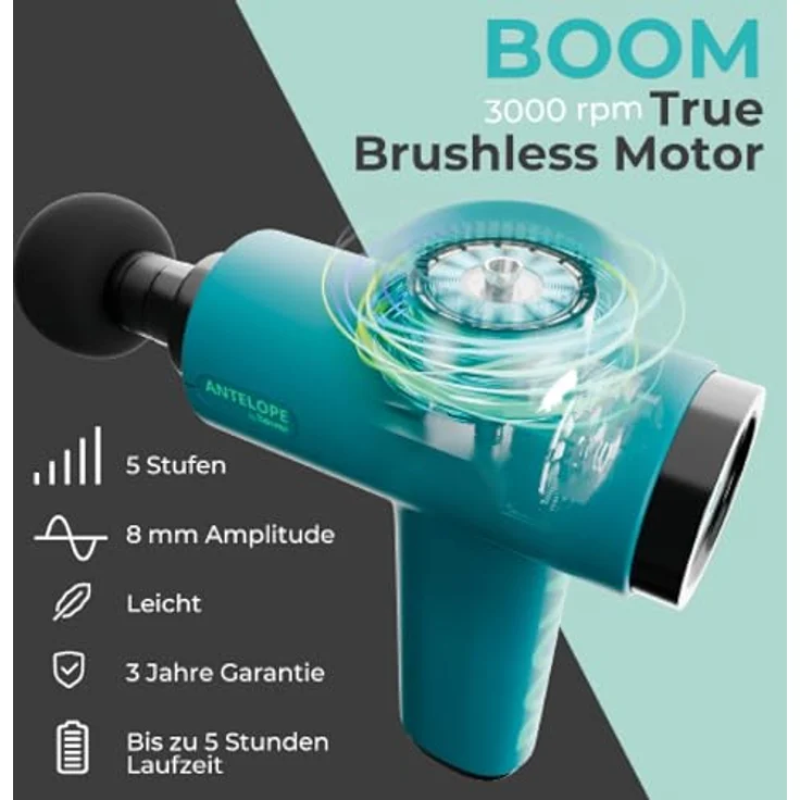 Beurer Antelope BOOM Massagepistole, kompakte Massage Gun mit 4 Aufsätzen, 5 Intensitätsstufen, für Triggerpunktmassage und Regeneration, leicht und leistungsstark – Bild 3