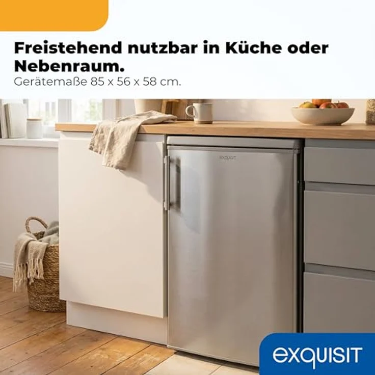 Exquisit KS516-4-HE-040E, Kühlschrank mit 109 l Nutzinhalt, 4-Sterne-Gefrierfach, LED-Innenraumbeleuchtung, wechselbarem Türanschlag, inoxlook – Bild 3