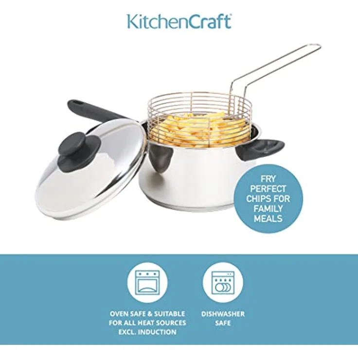KitchenCraft Großer Pommes Kochtopf mit Frittierkorb und Deckel, Fritteuse Topf für alle Herdarten inklusive Induktionskochfeld, Pommes Körbchen Edelstahl, Silber, Ø 20 cm – Bild 2