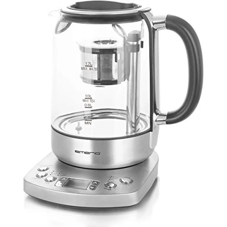 Emerio WK-122248, Glas Teekocher, Wasserkocher, vollautomatisches Teesieb, Absenkautomatik, Borosilikatglas, BPA frei, 1.7l Volumen, Temperaturwahl, 2200 Watt, Schwarz-Silber – Bild 2