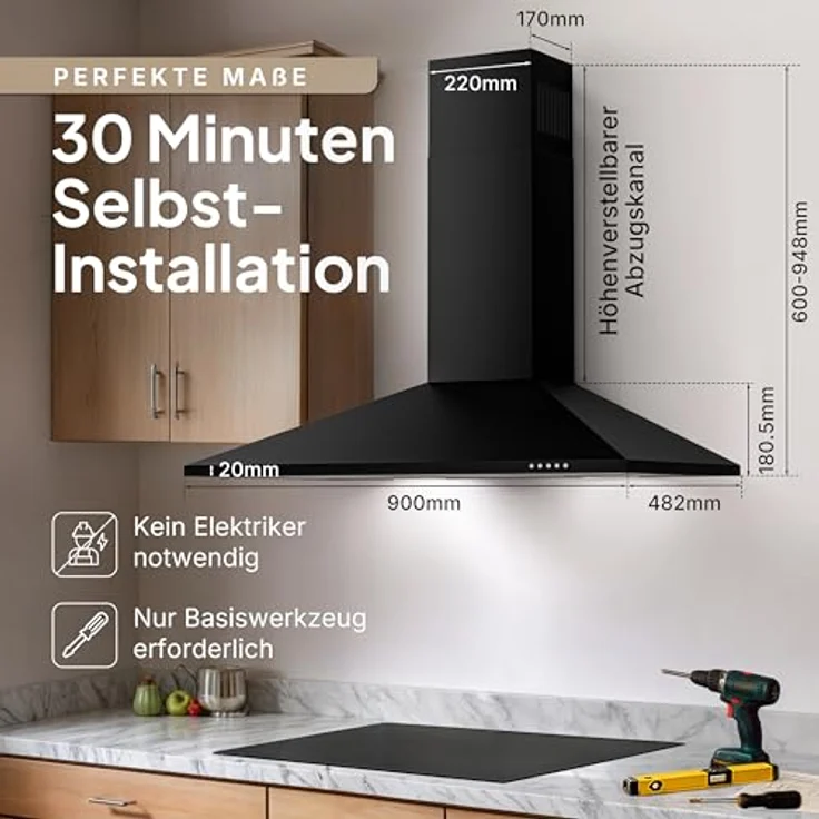 LEVIVO Dunstabzugshaube 90 cm, Umluft & Abluft mit 410 m³/h Luftleistung, 2 Aktivkohlefiltern, 3 Fettfiltern, Wandhaube, Edelstahl, 3 Stufen, LED-Beleuchtung – Bild 7