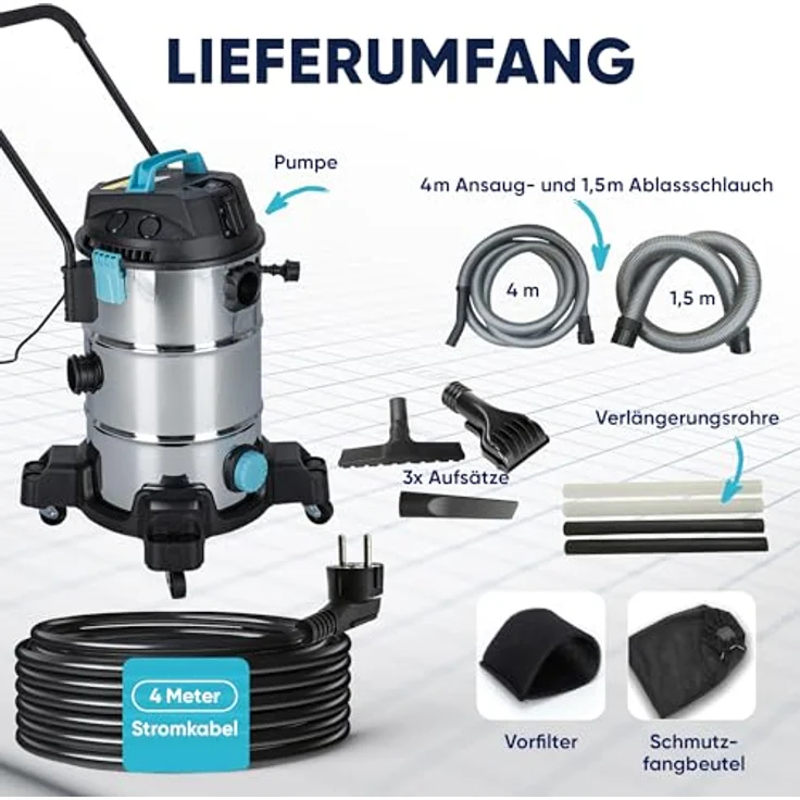 Teicher Teichsauger 1200W, Schlammsauger und Nasssauger mit 35L Behälter, Edelstahl und Kunststoff, IPX4 Schutzart – Bild 6