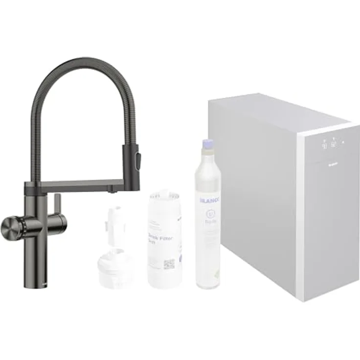 BLANCO CHOICE Icona | Multifunktionale all-in-one Küchenarmatur | Edelstahl satin dark steel | Gekühltes Wasser (still, medium, sprudel) & kochend heiß | Inkl. App zum Individualisieren