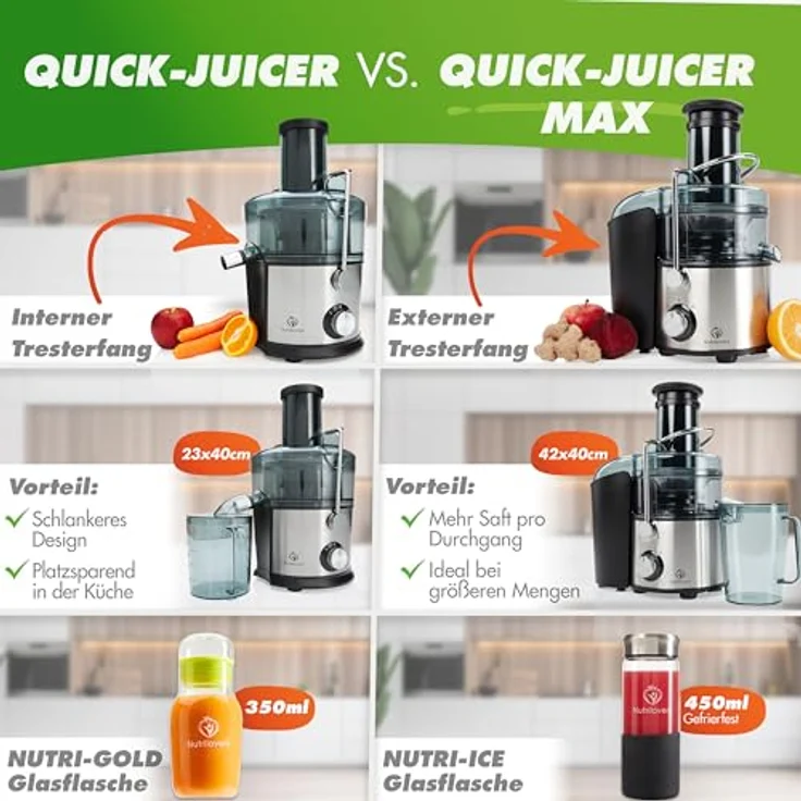 Nutrilovers QUICK-JUICER MAX, Zentrifugal-Entsafter mit 800 W, XXL-Einwurf, Edelstahlgehäuse, inklusive Reinigungsbürste und Rezeptbuch – Bild 11