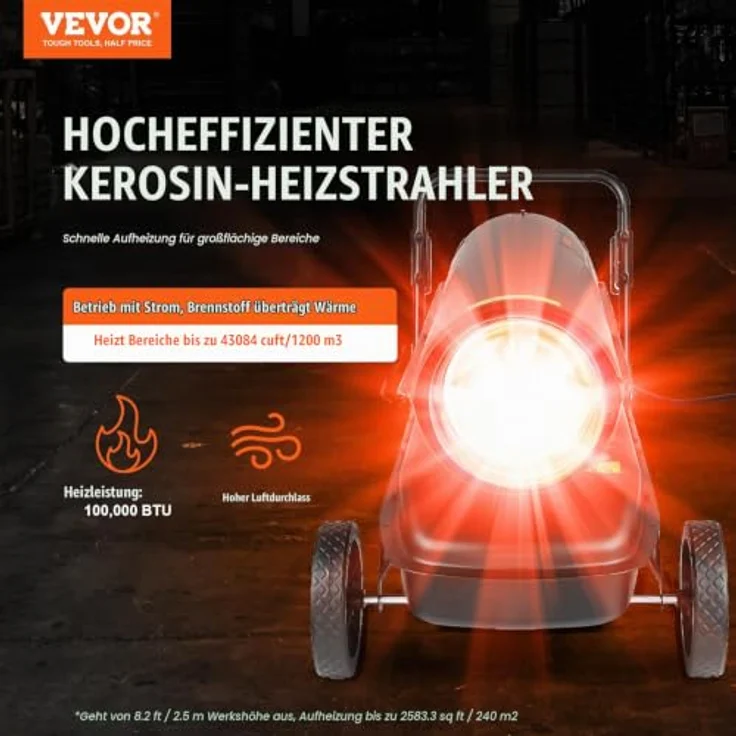 VEVOR Kerosin-/Diesel-Warmluftheizung DG-K100, tragbarer Torpedo-Raumheizer mit 100.000 BTU und Thermostat, 38-Liter-Tank für innen und außen, schwarz – Bild 2