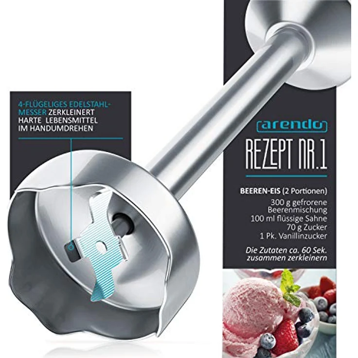 Arendo Stabmixer 1000 Watt Edelstahl - vierflügeliges Messer - Pürierstab - stufenlose Geschwindigkeitsregelung - Turbotaste - abnehmbarer Mixfuß - GS-zertifiziert – Bild 5