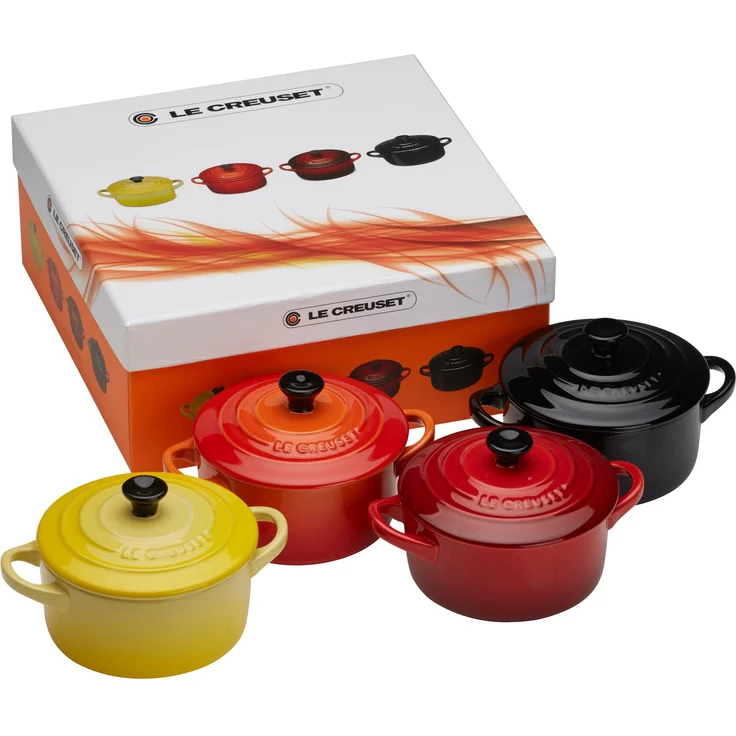 Le Creuset Mini-Cocotte- Bräter-Set, 4-teilig, Rund, Je 200 ml, 10 x 5 cm, Steinzeug, Feuer und Flamme (Gelb-Kirschrot-Ofenrot-Schwarz) – Bild 1