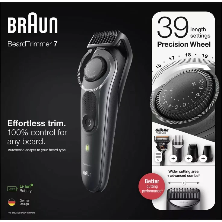 Braun BeardTrimmer BT7340 Barttrimmer mit Präzisionsrad, 5 Aufsätzen und Gilette ProGlide Rasierer, schwarz – Bild 8