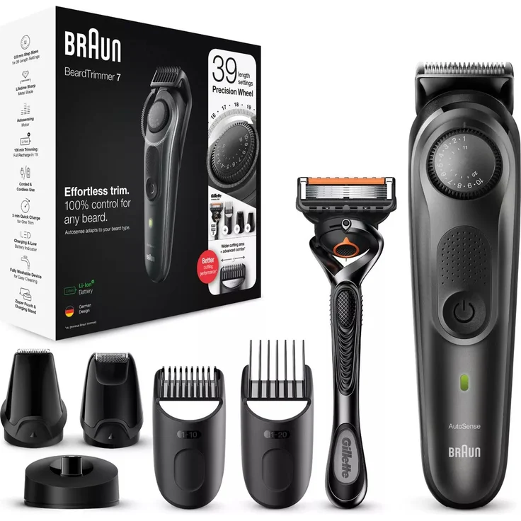 Braun BeardTrimmer BT7340 Barttrimmer mit Präzisionsrad, 5 Aufsätzen und Gilette ProGlide Rasierer, schwarz – Bild 2