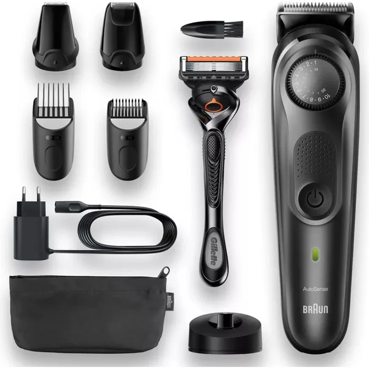 Braun BeardTrimmer BT7340 Barttrimmer mit Präzisionsrad, 5 Aufsätzen und Gilette ProGlide Rasierer, schwarz – Bild 1