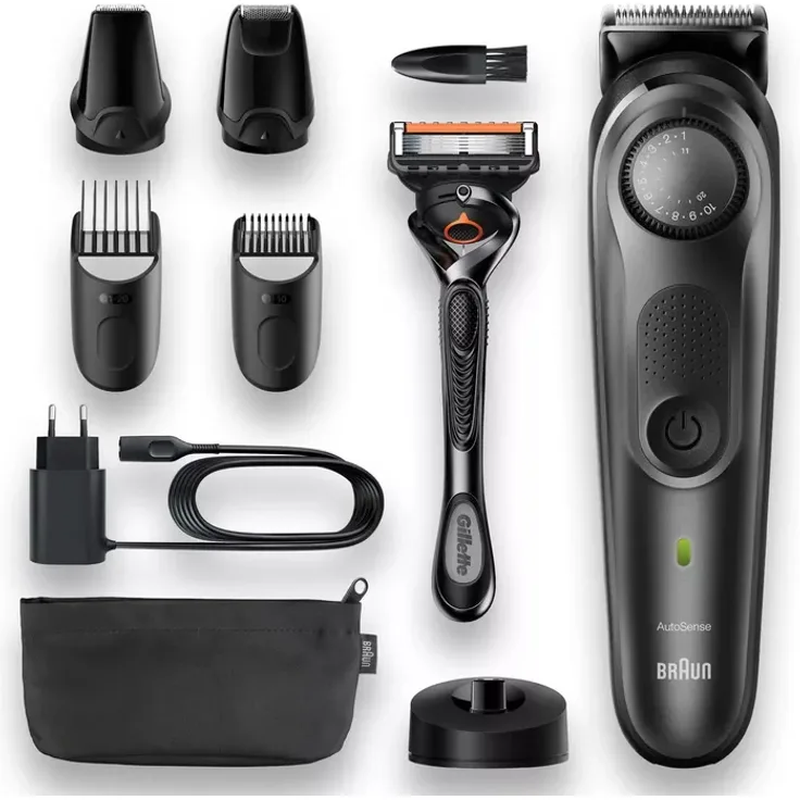 Braun BeardTrimmer BT7340 Barttrimmer mit Präzisionsrad, 5 Aufsätzen und Gilette ProGlide Rasierer, schwarz