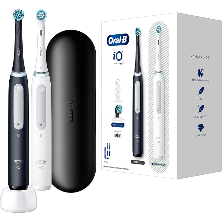 Oral-B iO 4 elektrische Zahnbürste Doppelpack, 4 Putzmodi, Reiseetui, matt black/quite white – Bild 1