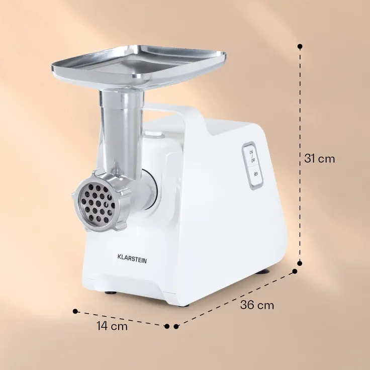 Klarstein Mighty Mince elektrischer Fleischwolf, 1361 Watt, 3 Stahl-Lochscheiben, flexible Aufstellung, Ø 5 cm Einfüllrohr mit Schale, Kunststoff, weiß – Bild 8