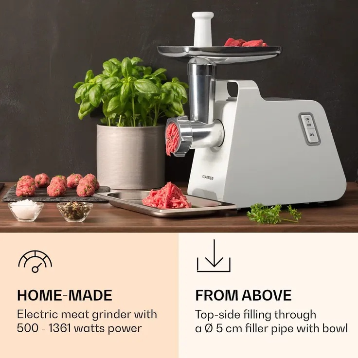 Klarstein Mighty Mince elektrischer Fleischwolf, 1361 Watt, 3 Stahl-Lochscheiben, flexible Aufstellung, Ø 5 cm Einfüllrohr mit Schale, Kunststoff, weiß – Bild 2