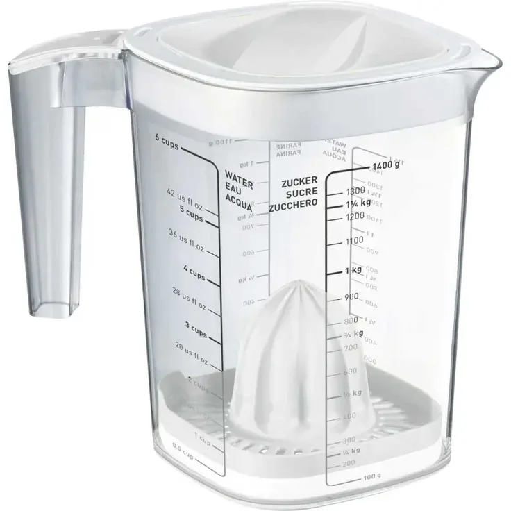 Rotho Back-Messbecher Loft 1,5 L Deckel weiß, inklusive Zitruspresse, Reibe, Spritzschutz, Deckel 19,7 x 14 x 17,5 cm  (L x B x H)