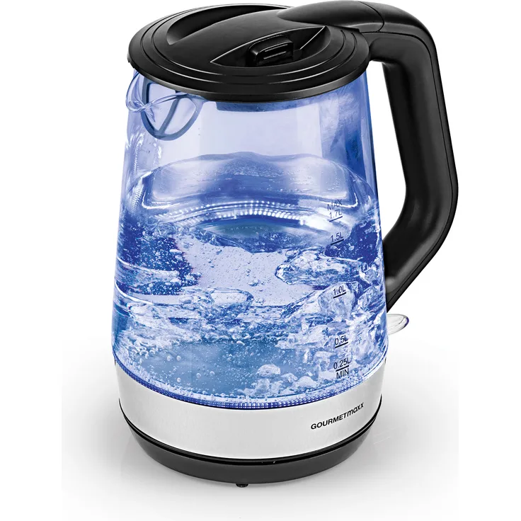 GOURMETmaxx Glas-Wasserkocher, 1,7l, Wasserstandsanzeige, verdeckte Heizelemente, edelstahl, schwarz