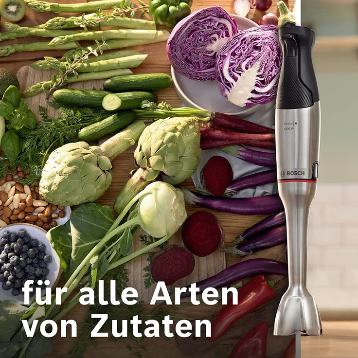Bosch MSM6M8X1 ErgoMaster Serie 6 Stabmixer, 1200 Watt, Kupplung aus Keramik, stufenlose Geschwindigkeitsregulierung, inkl. Mixstab, Foodprozessor mit Würfelschneider, Zerkleinerer, Edelstahl – Bild 10