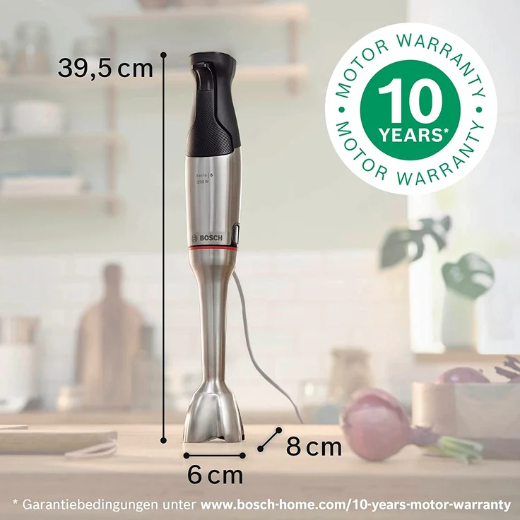 Bosch MSM6M8X1 ErgoMaster Serie 6 Stabmixer, 1200 Watt, Kupplung aus Keramik, stufenlose Geschwindigkeitsregulierung, inkl. Mixstab, Foodprozessor mit Würfelschneider, Zerkleinerer, Edelstahl – Bild 2
