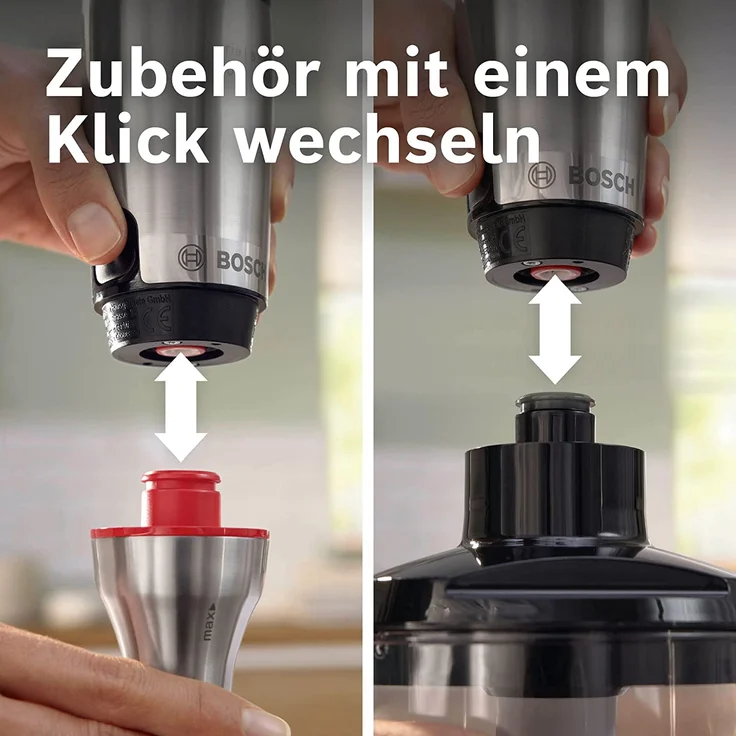 Bosch MSM6M8X1 ErgoMaster Serie 6 Stabmixer, 1200 Watt, Kupplung aus Keramik, stufenlose Geschwindigkeitsregulierung, inkl. Mixstab, Foodprozessor mit Würfelschneider, Zerkleinerer, Edelstahl – Bild 7