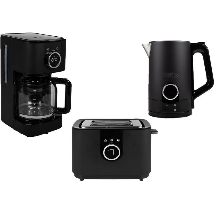 Design Edelstahl Frühstücksset in Schwarz Kaffeemaschine, Wasserkocher & Toaster