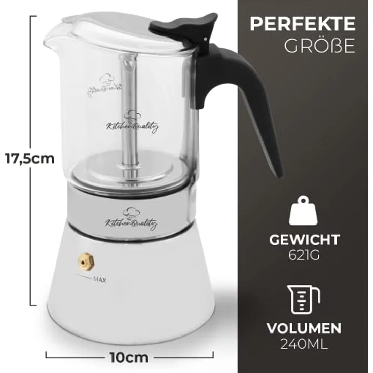 KitchenQuality Espressokocher, Edelstahl und Borosilikatglas, für alle Herdarten, inkl. Portionierlöffel & Untersetzer, Maße 17,5x10 cm – Bild 2