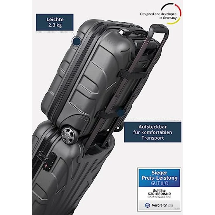 suitline Kleiner Koffer 45x36x20 cm, Easyjet Freigepäck Underseat Handgepäck, Bordgepäck Trolley leicht, 30 Liter, ABS Hartschale, Graphite – Bild 3