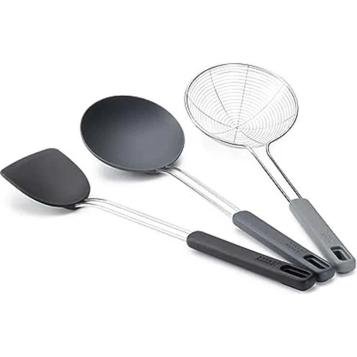 Joseph Joseph Nest Fusion 3-teiliges Silikon Edelstahl Wok Zubehör Set, BPA frei, Hitzebeständig, Antihaftbeschichtet Koch Utensilien, inklusive Aufhängehaken