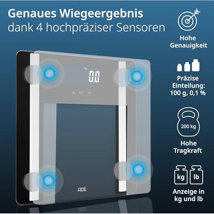 ADE Digitale Körperfettwaage bis 200 kg | Personenwaage mit Körperfettanalyse, BMI, Muskelmasse, Körperwasser, Gewicht, BMR | Körperwaage mit Benutzererkennung | Schwarz – Bild 2