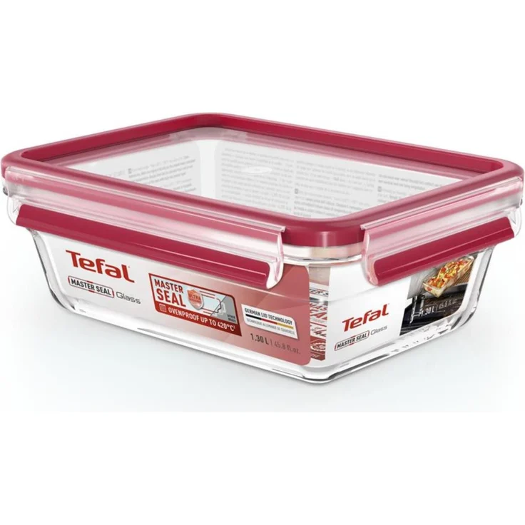 Tefal MasterSeal Glass 1,3L, rechteckige Vorratsdose aus 100% ofenfestem Borosilikatglas, spülmaschinen- und mikrowellengeeignet, 30 Jahre Garantie