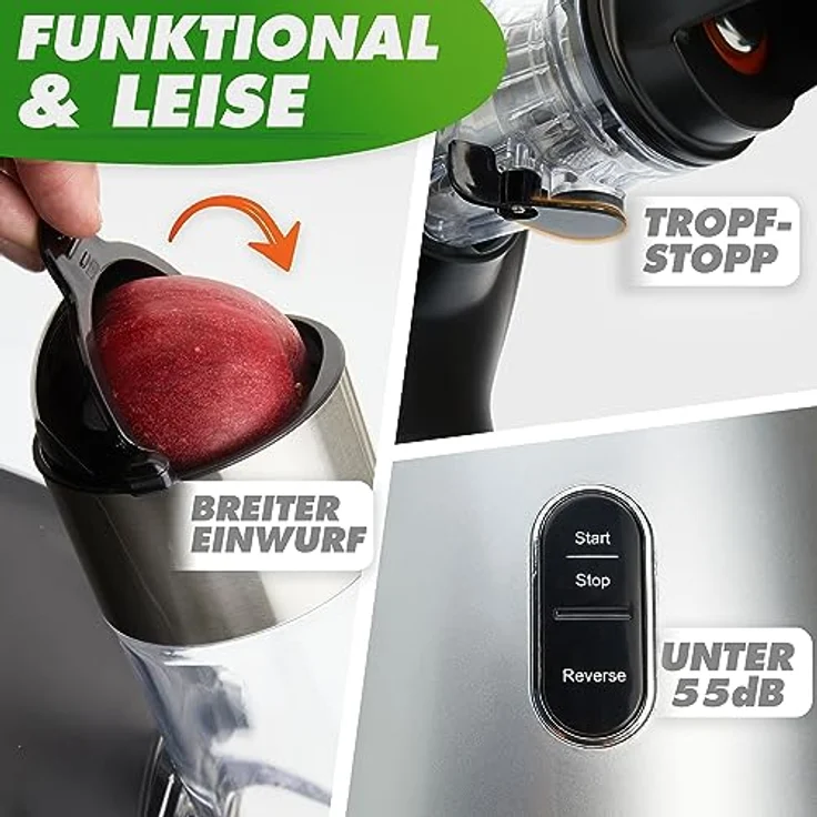Nutrilovers GREEN-PRESS EDELSTAHL Slow Juicer, 304 Edelstahl, BPA-frei, elektrisch, Hochleistungsentsafter für ganze Früchte, Sellerie und Blattgemüse, Testsieger 2023, spülmaschinenfest – Bild 4