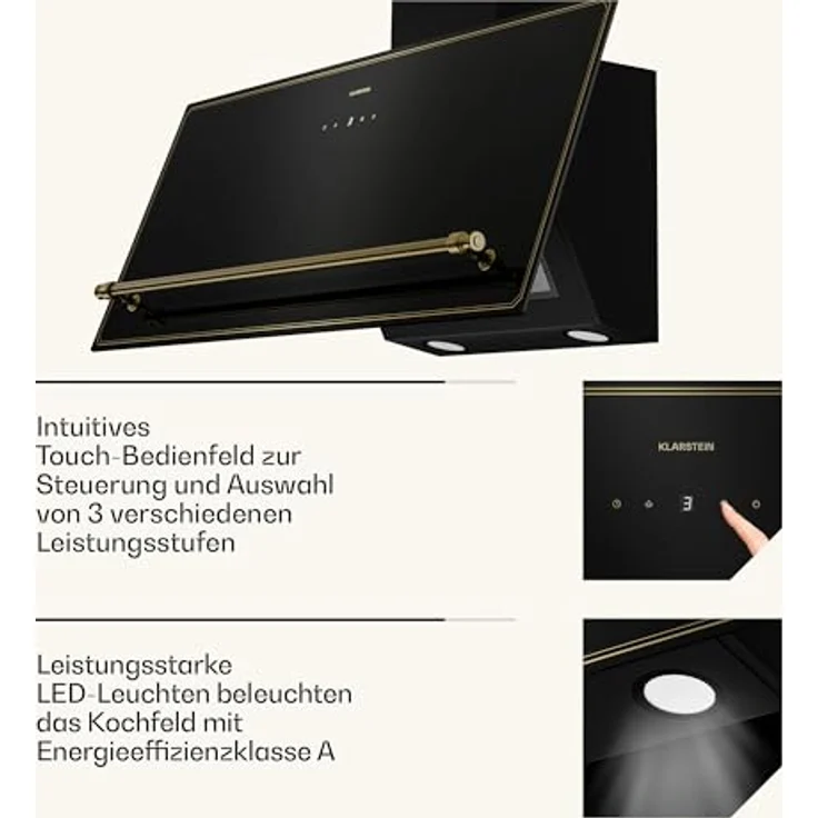 Klarstein Victoria Dunstabzugshaube 90 cm, 400 m³/h, A++, Touch-Bedienfeld, LED-Beleuchtung, Schwarz/Gold, Abluft & Umluft, Leise 52 dB – Bild 6