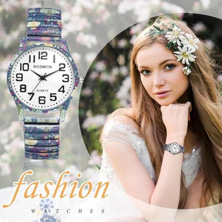 JewelryWe Boho Damenuhr, Elastische Armbanduhr mit Cartoon Lebensbaum Design, Edelstahl Stretcharmband und große römische Zahlen, Analog Quarzwerk – Bild 5